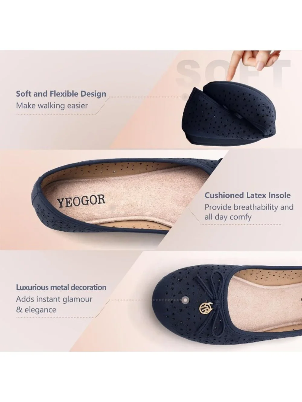 Women's Navy Micro Fiber Comfortable Round Toe Flats Slip on Casual Dressy Shoes